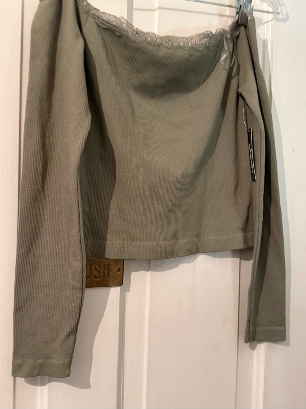 Justify Olive Green Ribbed Long Sleeve Crop Top with Lace Trim